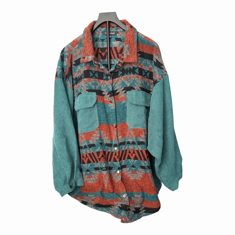 Davi & Dani 2XL Southwestern Aztec Turquoise Corduroy Shacket Western Boho